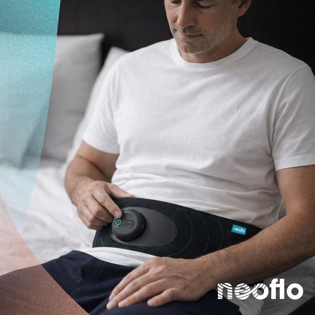 Un homme détendu sur son lit profitant de la ceinture de respiration neoflo pour se préparer à bien dormir