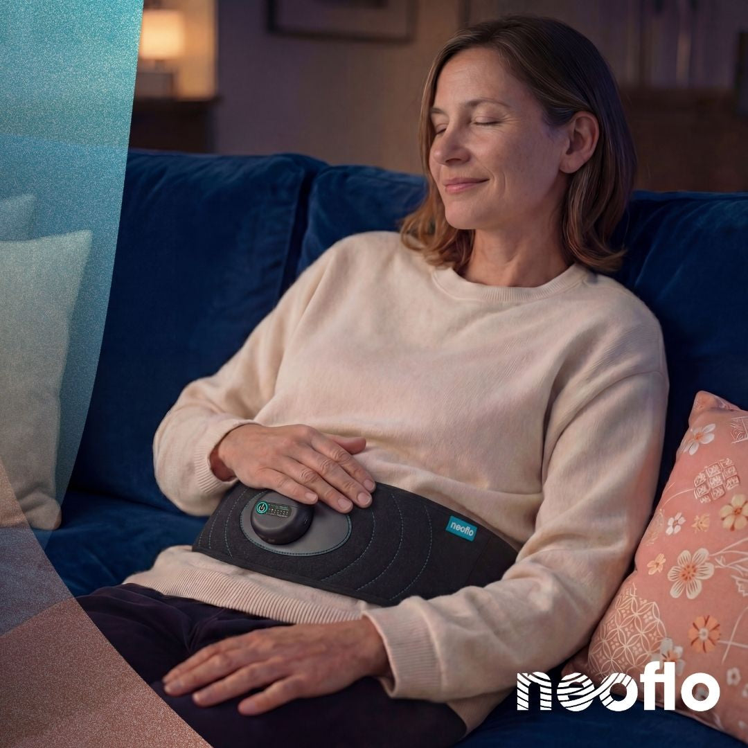 Une femme détendue sur son canapé le soir profitant de la ceinture de respiration neoflo