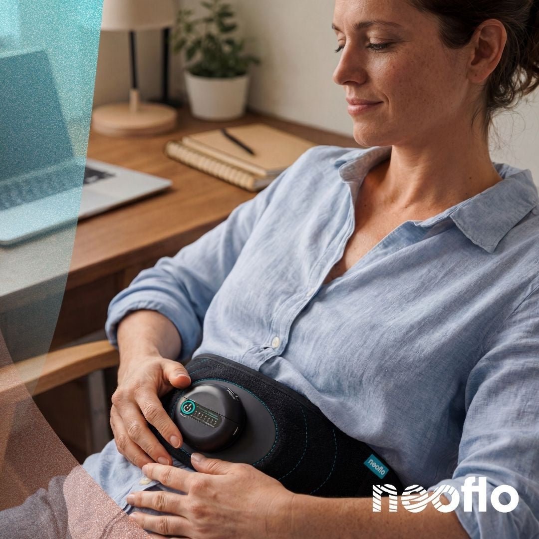 Une jeune femme détendue à son bureau profitant de la ceinture de respiration neoflo