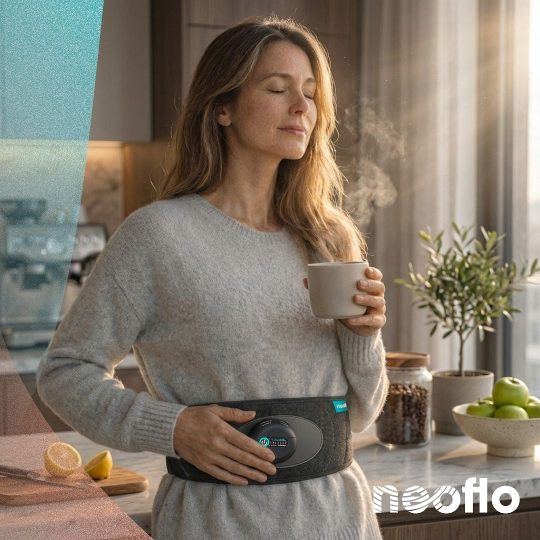 Une jeune femme détendue dans sa cuisine le matin profitant de la ceinture de respiration neoflo