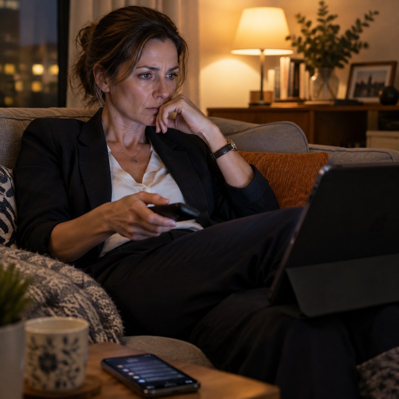 Eine Frau sitzt abends auf ihrem Sofa und schaut eine Serie, dabei denkt sie immer noch über die Arbeit nach