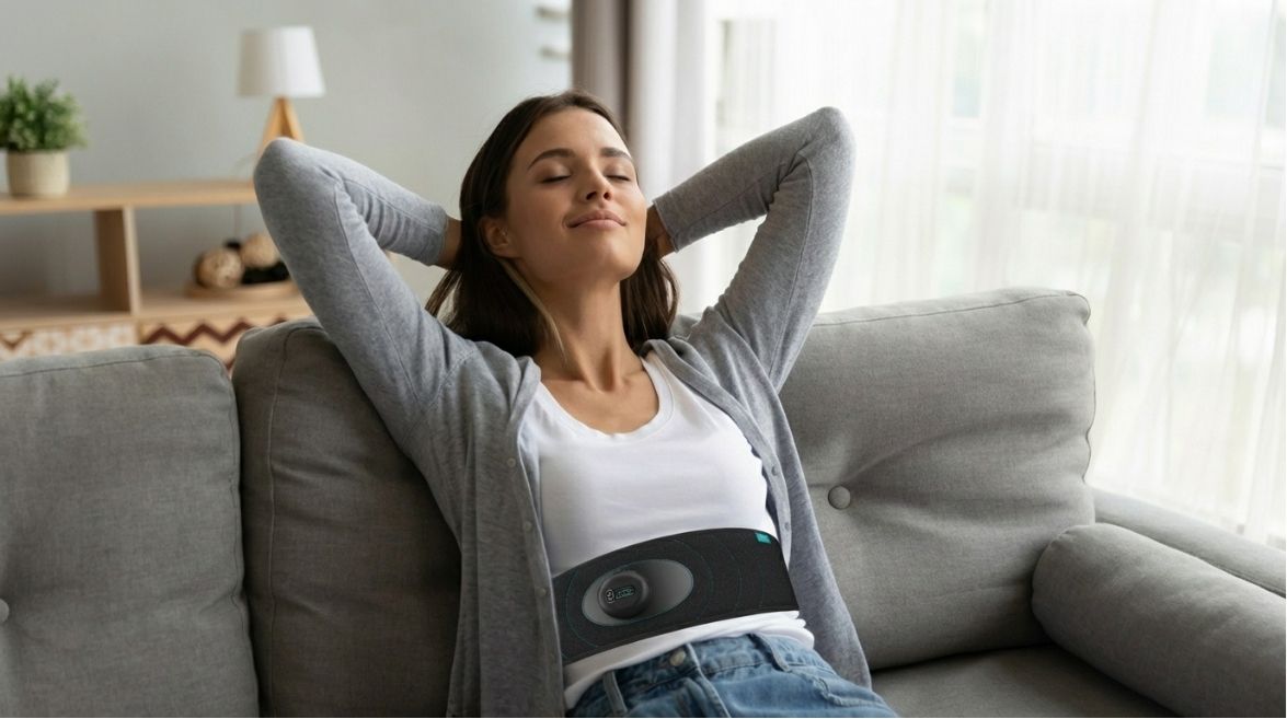 Une femme détendue qui respire avec la ceinture de respiration neoflo pour gérer son stress