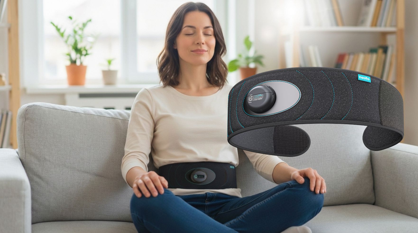 Une jeune femme assise sur son canapé qui pratique une session de cohérence cardiaque avec la ceinture de respiration neoflo