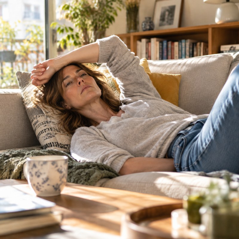 Eine erschöpfte Frau, die an einem Samstagmorgen auf ihrem Sofa liegt