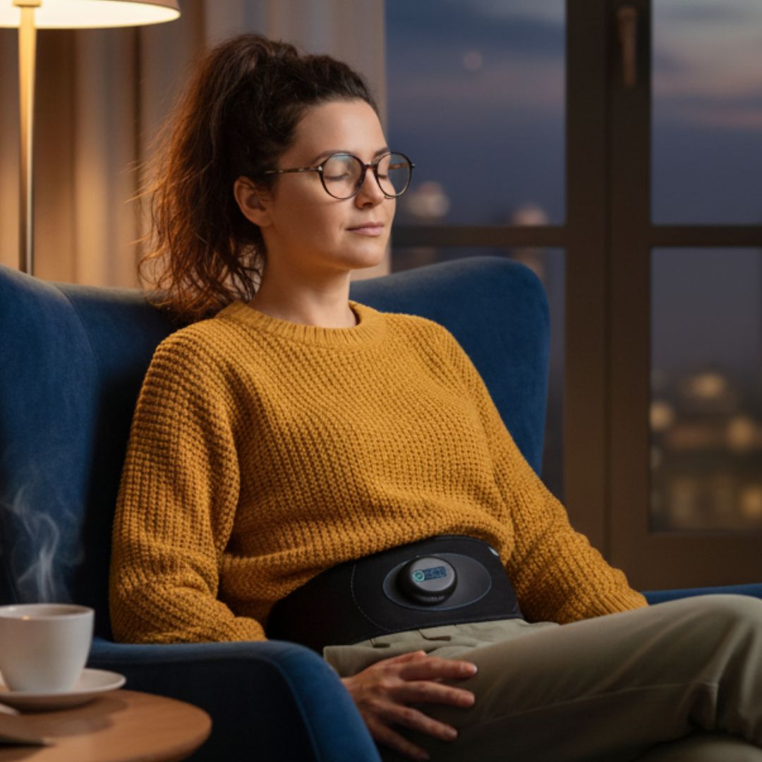 une femme se relaxant le soir avec la ceinture neoflo pour bien dormir