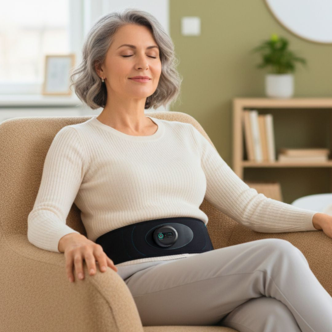 Une femme senior qui profite d'une séance de respiration avec neoflo pour se relaxer
