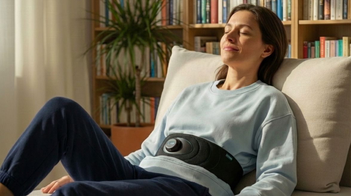 une jeune femme qui pratique la cohérence cardiaque avec la ceinture neoflo pour réguler son stress et son système nerveux