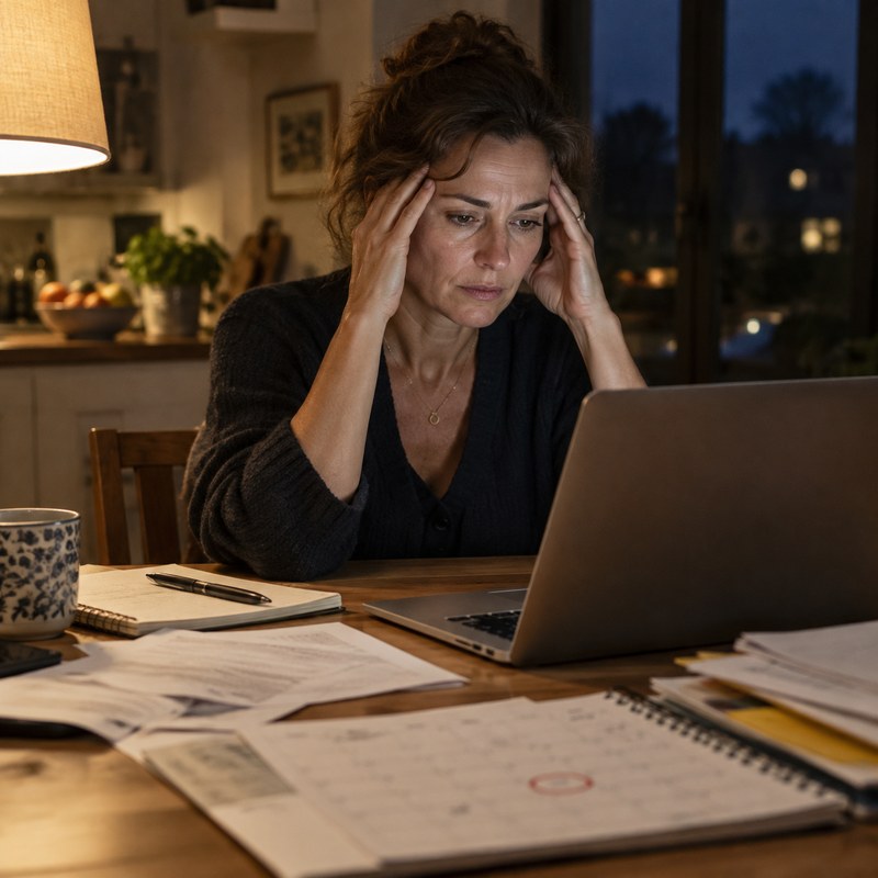 Eine Frau, die spätabends vor ihrem Computer sitzt und sich den Kopf hält