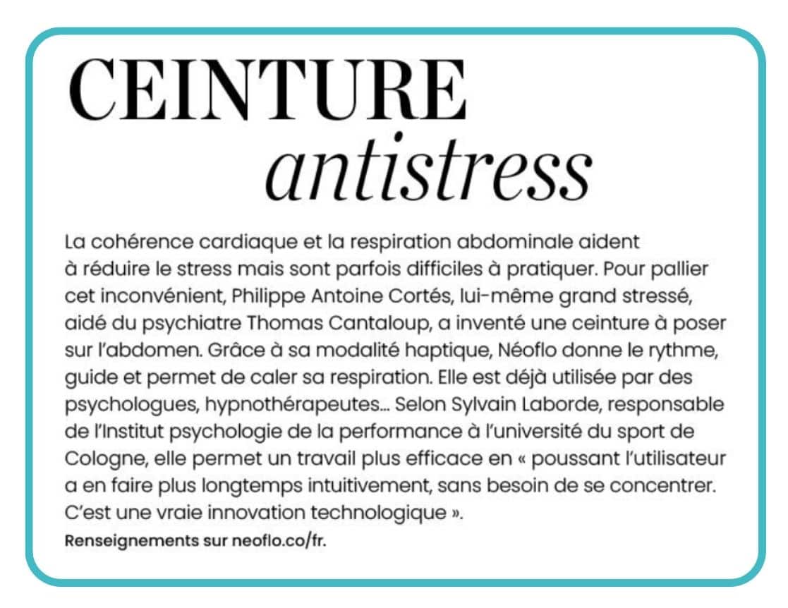 l'article de neoflo - la ceinture de respiration dans Psychologies Magazine Septembre 2025