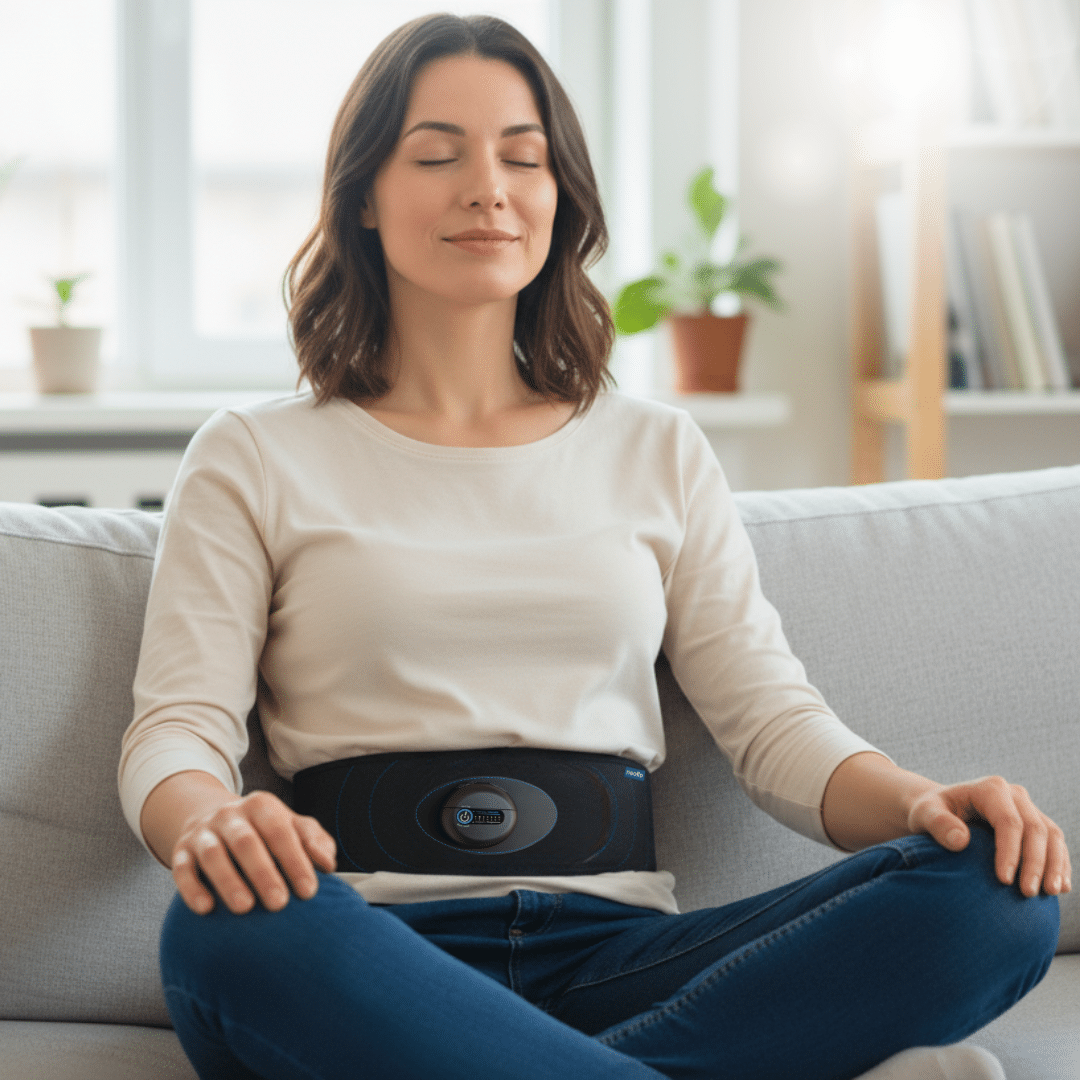 Calme, détendue et relaxée grâce la ceinture de respiration neoflo